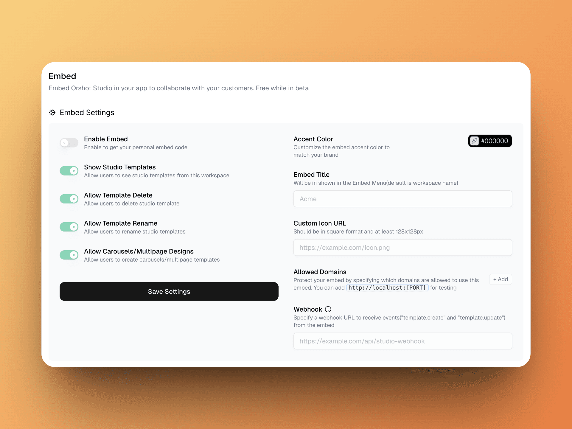 Embed settings interface showing comprehensive customization options for white-label integration