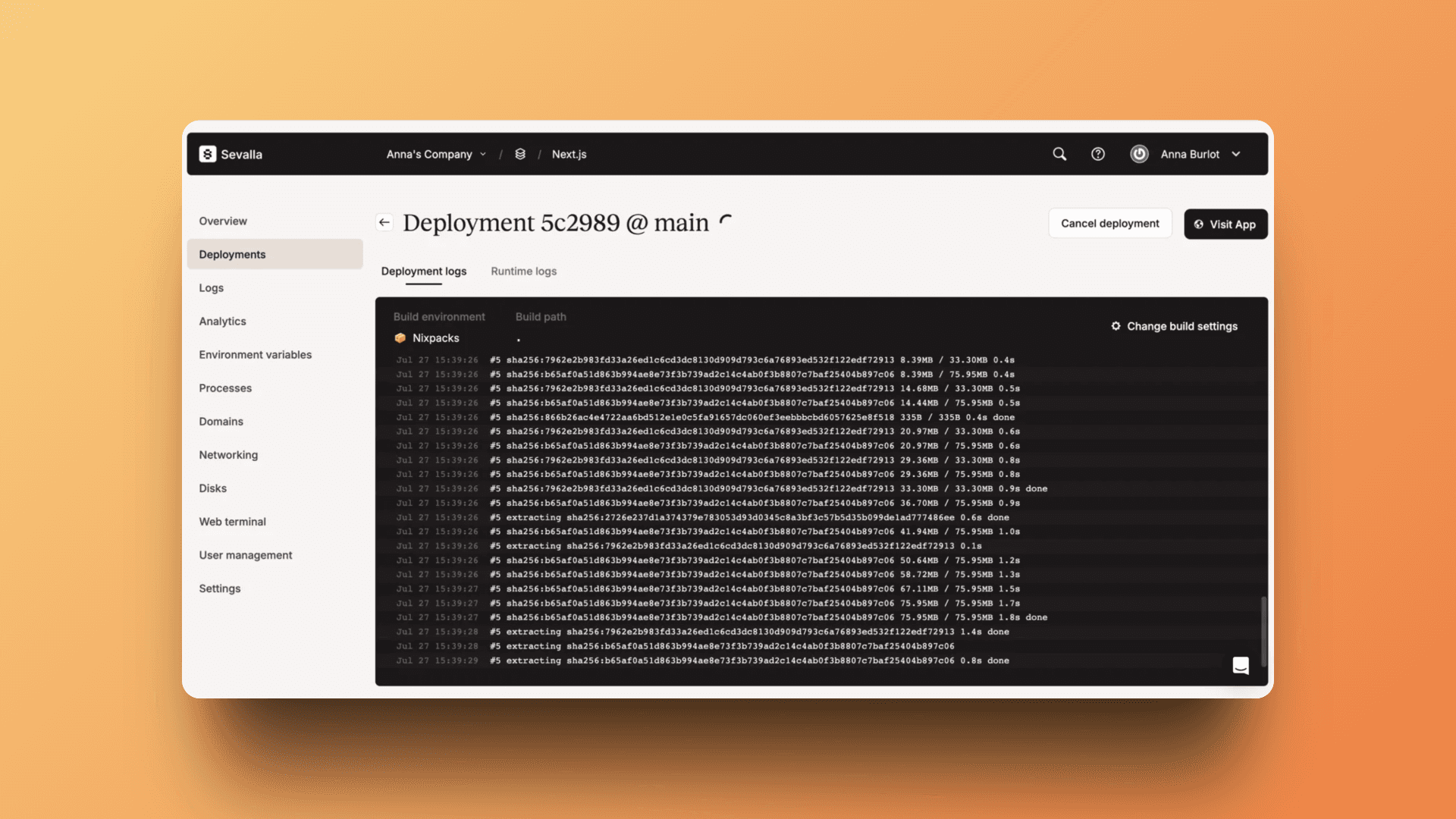 Real-time deployment logs showing the build process with Nixpacks